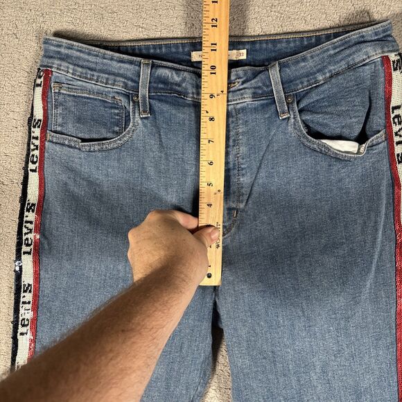 Levi's 721 Premium High Rise Denim Jean Skinny Sz 33 Sequin Logo Stripes Raw Hem - Picture 8 of 16